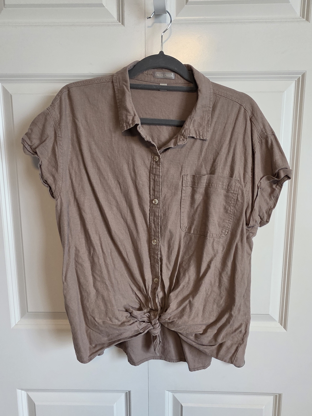 Falls Creek Women's linen blend Short-Sleeve Button-Down Shirt Tan light brown